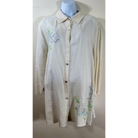 Sarah Spencer Woman Cream Blue Floral Embroidered Sequin Button Up Top 22W Plus - Picture 1 of 7